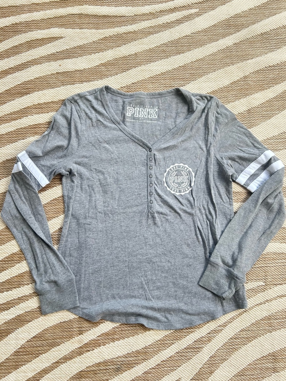 Y2k PINK Victoria's Secret Gray Long Sleeve Henley with White Sleeve Stripes - M
